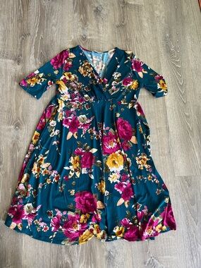 Teal Maternity Floral Wrap-Style Casual Dress with Pink & Yellow Blooms